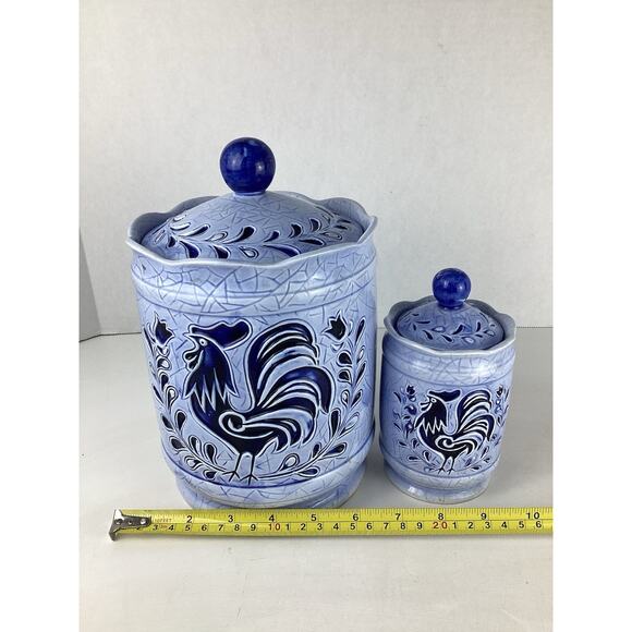 Vintage Lefton Blue Rooster Set Of Ceramic Kitchen Canisters Country Decor - Picture 7 of 8
